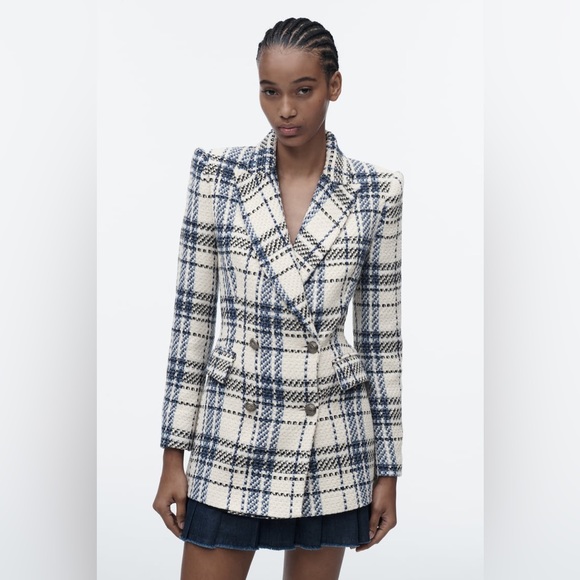 Zara Ecru & Blue Double Breasted Textured Weave Blazer Jacket - Picture 10 of 16